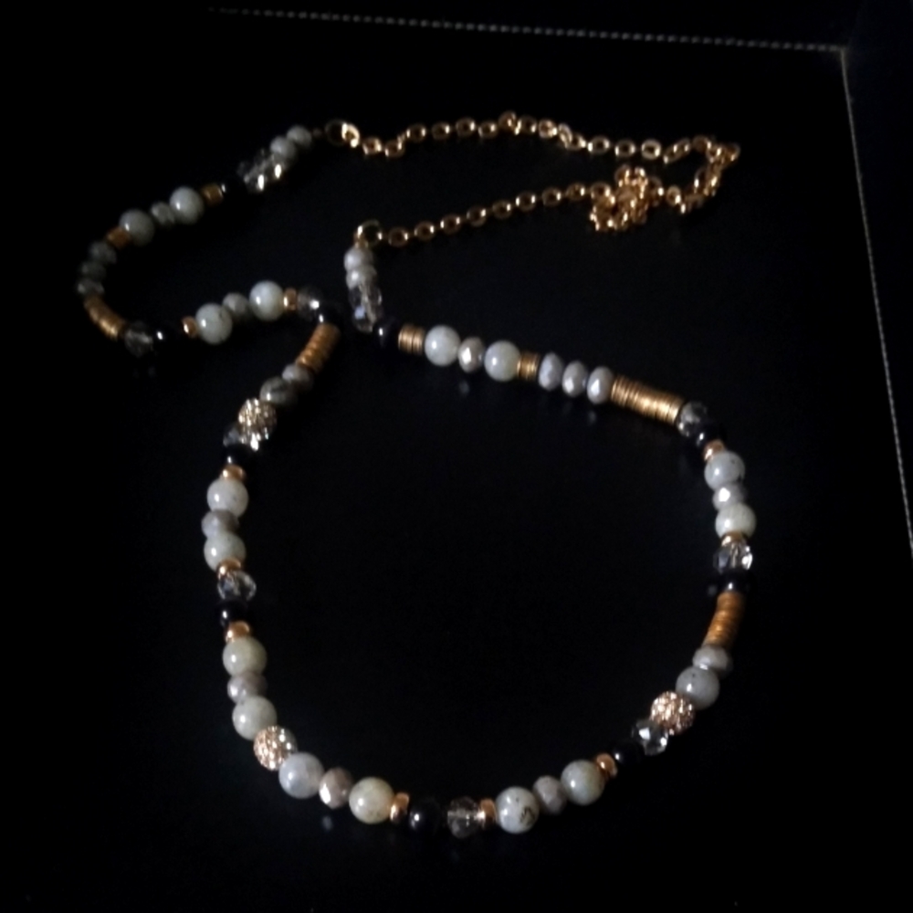 Fashionable Black, Gold and Gray Natural Stone Necklace.